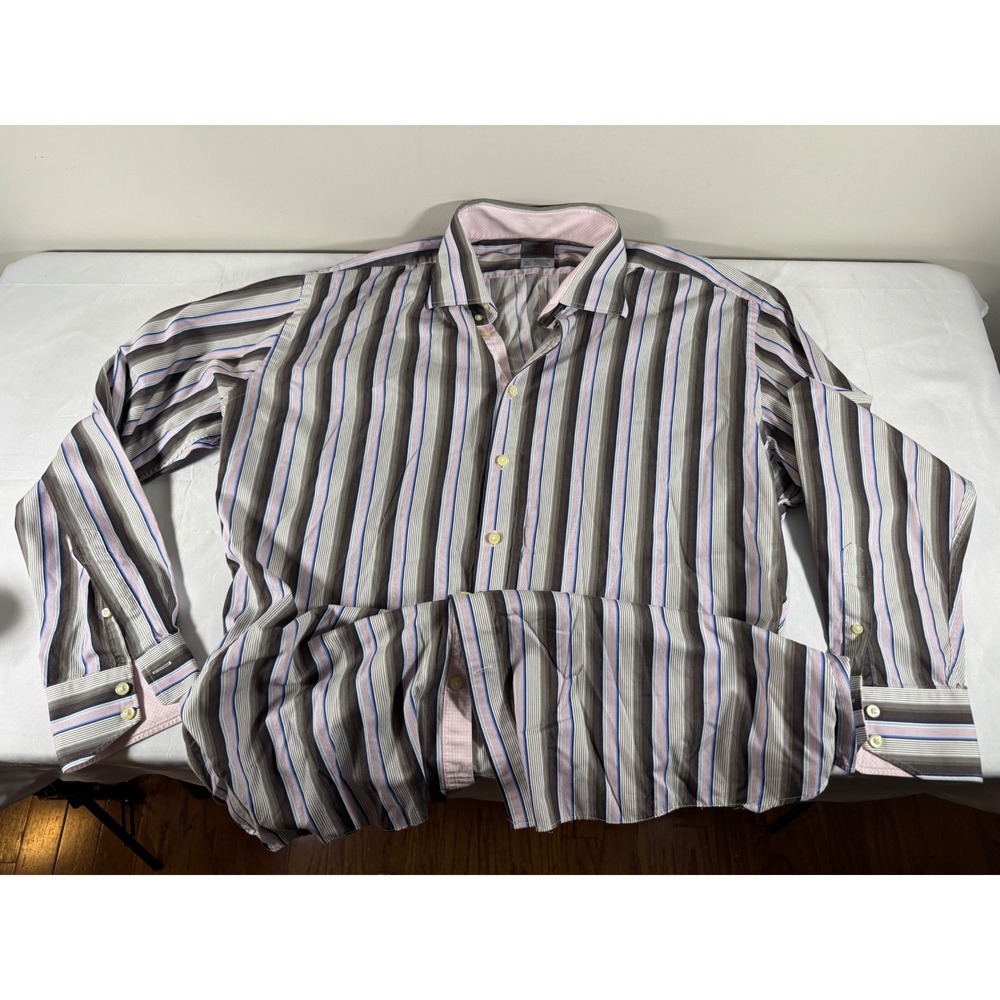 Thomas Dean Mens 2XLT Striped Button Down Shirt Cotton Brown Pink Long Sleeve